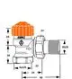 Thermostatventil in Eckform mit einem orangefarbenen Regler. Das Produkt gehört zur Marke IMI Hydronic Engineering und zeigt verschiedene Maße sowie Anschlussmöglichkeiten.